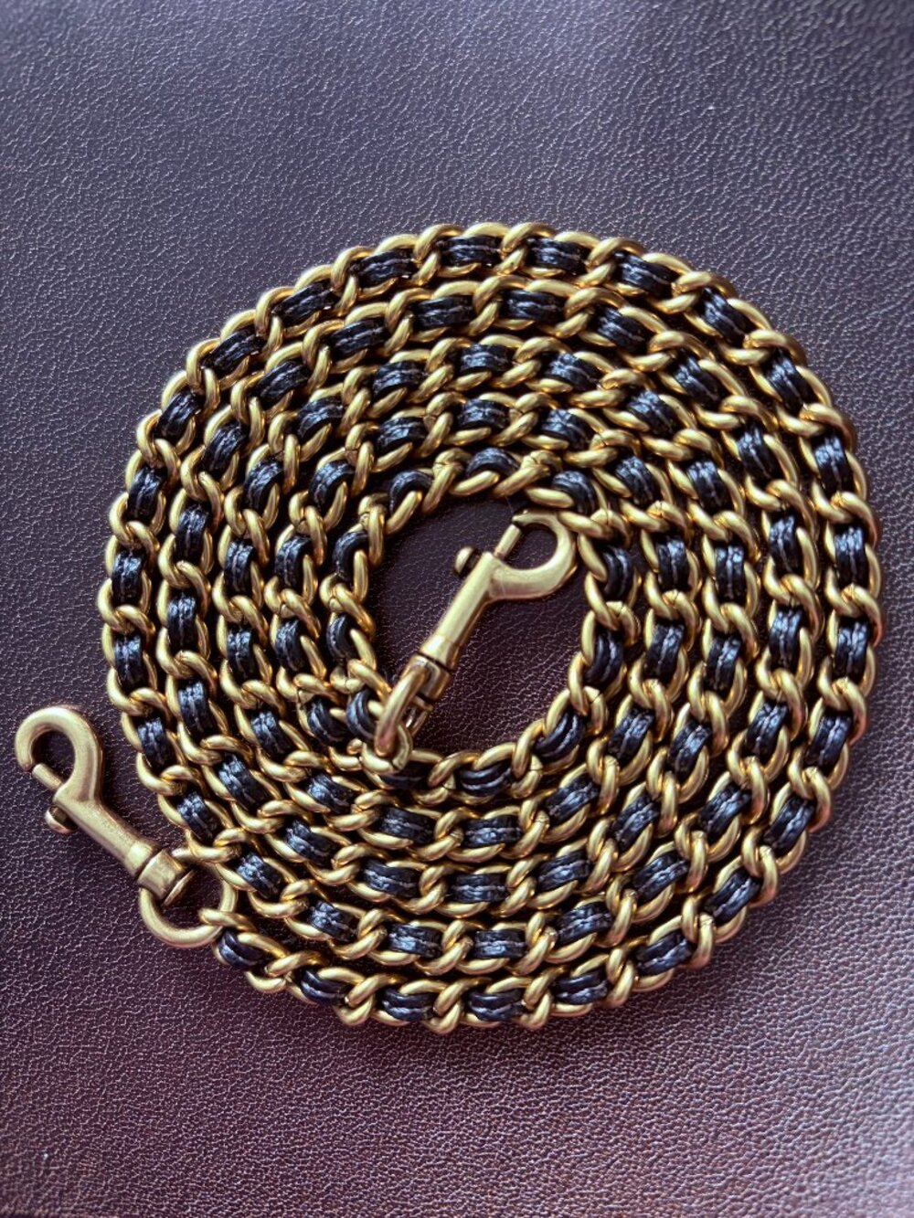 46" Long Gold Tone and Black Leather Chain Bag Strap  / Belt